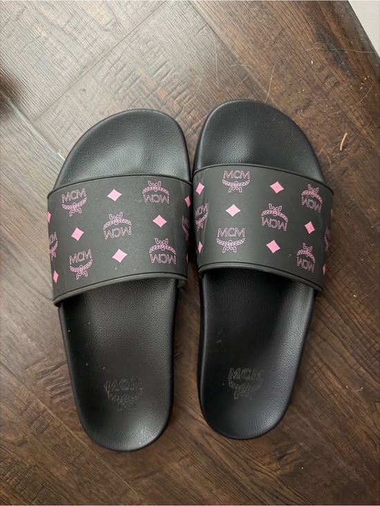 MCM Shoes - MCM Black Slides with Pink Logo Pattern